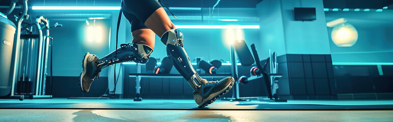A person with bionic limbs engaging in a high-intensity workout, adaptability of biomechanical enhancements in active lifestyles. - obrazy, fototapety, plakaty