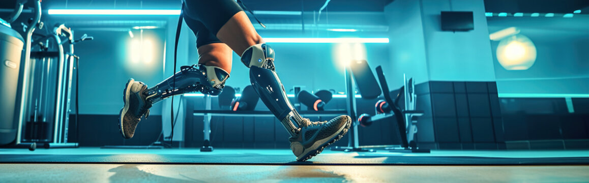 A person with bionic limbs engaging in a high-intensity workout, adaptability of biomechanical enhancements in active lifestyles.