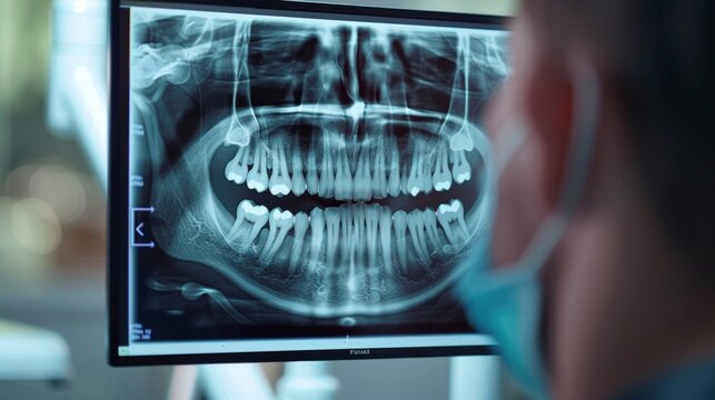 Doctor dentist analyzing a patient's dental X-ray on a digital screen, illustrating the diagnostic process in modern dentistry. The visual clarity of the X-ray aids in identifyin, AI Generative