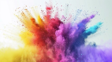 Obraz premium Hyper-realistic visualization of a rainbow-colored Holi powder explosion, with each color sharply defined against a stark white background, AI Generative