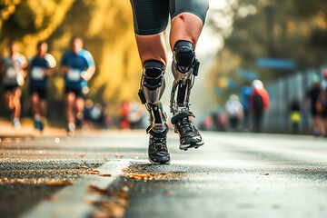 An individual with bionic legs confidently participating in a marathon, biomechanical enhancements on mobility.