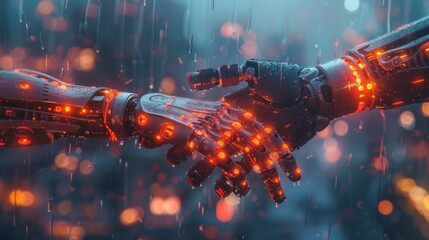 In a network of glowing data, robot and human hands reach out, AI Generative