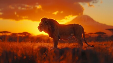 intense lion gaze, golden savanna, Kilimanjaro silhouette at sunset, iconic safari setting, regal, warm hues, soft sunset lighting, AI Generative - obrazy, fototapety, plakaty