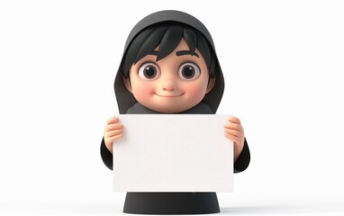 3D character of little girl holding a blank advertising whiteboard sign. Illustrative