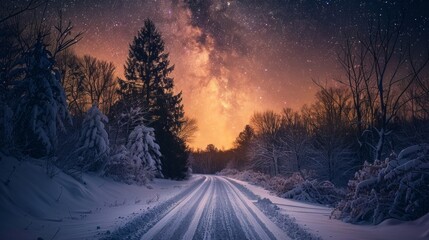 The serene path of a road cutting through a white, snowy landscape, AI Generative