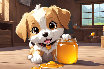 꿀통을 잡고있는 귀여운 강아지_생성형AI
