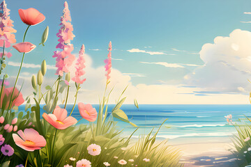 봄을 담은 수채화 풍경, 꽃과 바다_생성형AI - obrazy, fototapety, plakaty