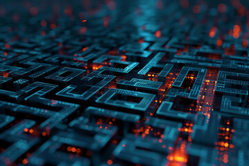 A computer chip with a maze pattern and orange lights
