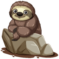 Fototapeta premium Cute cartoon sloth sitting peacefully on a stone.