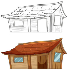 Two styles of wooden cabins, one colored, one sketched. - obrazy, fototapety, plakaty