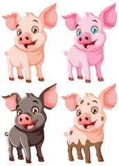 Four cute pigs in various playful poses.