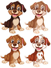 Four cute cartoon puppies with different markings.