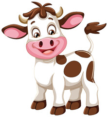 A happy, smiling cartoon cow standing upright