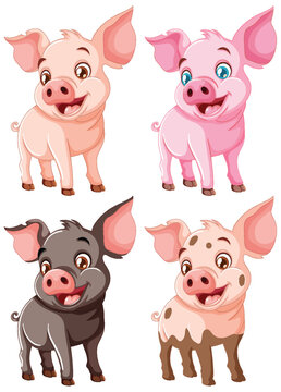 Four cute pigs in various playful poses.