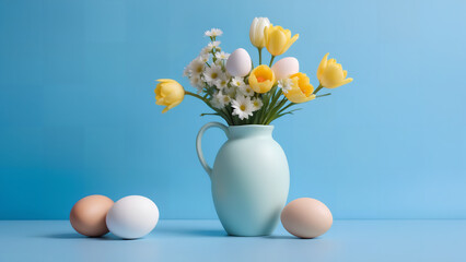 easter eggs and flowers in a vase