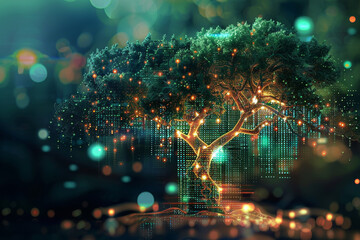 A tree with glowing lights is the main focus of the image