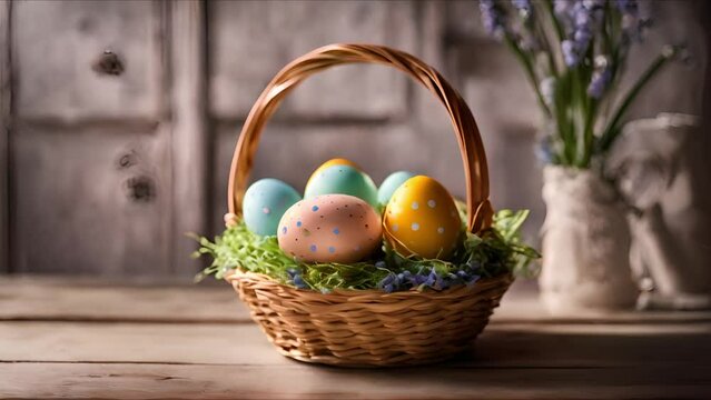A charming arrangement of Easter eggs, each uniquely decorated, nestled neatly in a woven basket