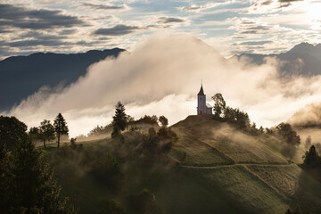Obraz premium Jamnik, Slovenia - Magical foggy golden summer sunrise at Jamnik St.Primoz church.