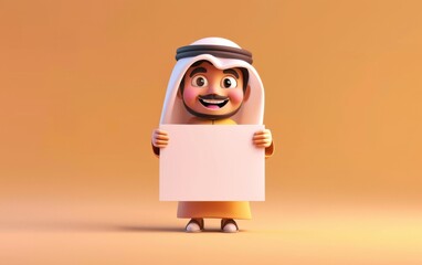 Cartoon character holding a blank sheet of paper on the blackboard. 3D display. Advertisement illustrations
