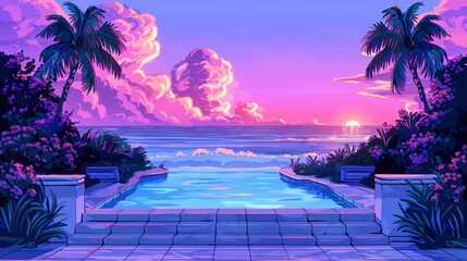 tropical island with palm trees. synthwave styled landscape. futuristic background. - obrazy, fototapety, plakaty
