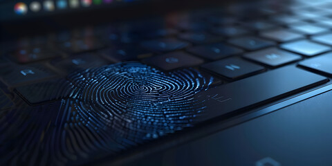 fingerprint on computer keyboard,Business security, biometric data and scan user concept with businessman finger touching digital blue fingerprint made of coding numbers on abstract dark background - obrazy, fototapety, plakaty