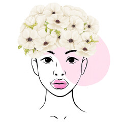 A linear portrait of a beautiful young African American woman. Her hair with white anemone flowers and butterfly, symbolizing elegance and delicacy. for avatars. diversity