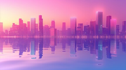 Fototapeta na wymiar city skyline at sunset with reflection in style of synthwave. futuristic background.