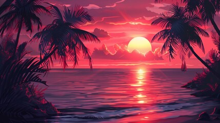 tropical sunset on the sea with palm trees in style of synthwave. futuristic background.