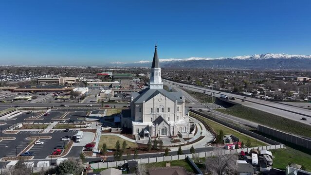 Aerial Taylorsville Utah Temple LDS circle fast. The Church of Jesus Christ of Latter-day Saints, LDS or Mormon religion. Fast growing Christian religious sect. Sacred eternal worship.