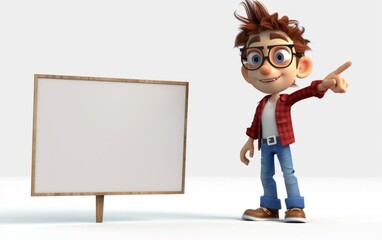 Cartoon character little boy points a finger at a blank board on a white background. 3d render illustration