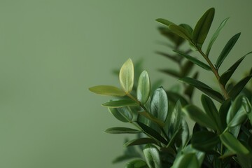 Close up view of zz plant on green background