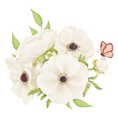 A watercolor floral composition of white anemones and fresh greenery, with a butterfly. for enhancing wedding stationery, event invitations, botanical prints, art projects and decorative crafts