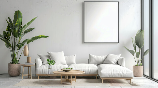 white Frame mockup in modern interior room, living room gallery wall mockup, poster mockup, 3d render.