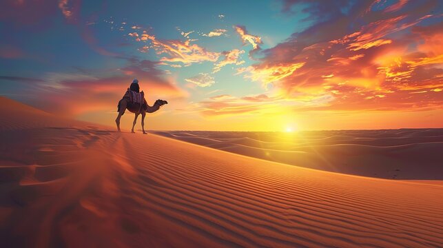 A concept image of a camel crossing the desert at sunrise, symbolizing travel and exploration.