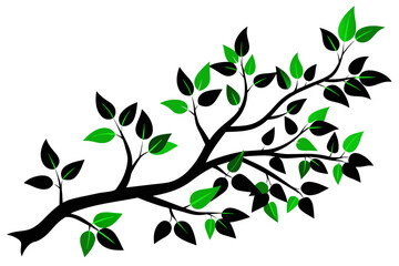 Capture the beauty of nature with this exquisite vector illustration of a tree branch silhouette adorned with lush green leaves against a pristine white background.