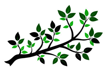 Capture the beauty of nature with this exquisite vector illustration of a tree branch silhouette adorned with lush green leaves against a pristine white background.