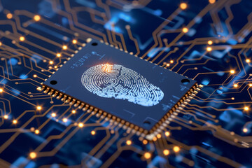 A computer chip with a fingerprint on it - obrazy, fototapety, plakaty