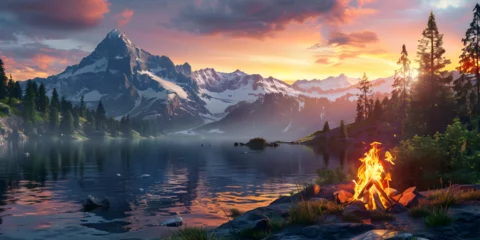 Foto op Canvas Mountains and a campfire in the foreground with a lake and mountains in the background, Remote Campsite Amidst .  © Hijab
