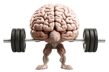 Human brain lifting weight . Private lessons and knowledge concept .This is a 3d render illustration isolated on a Transparent background. Generative AI