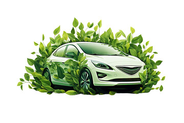 Symbol of electric car covered with green leaves. Alternative energy sources sustainable living environment concept. isolated on a Transparent background. Generative AI