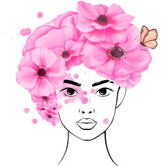 A linear portrait of a beautiful young woman, with her hair styled using pink anemone flowers and adorned with a butterfly, watercolor illustration. Symbolizing brightness and inspiration for avatars