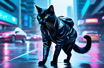 A black cat in a leather jacket walks down a city street in the anime style