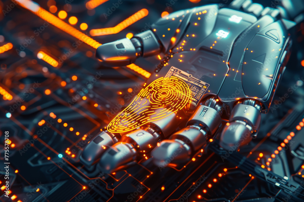 Poster a robotic hand with a fingerprint on it is displayed on a computer screen