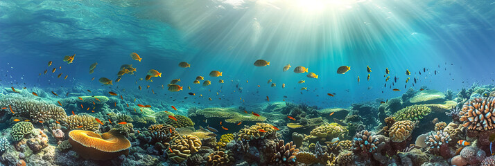 Marine biodiversity and ocean life. Panoramic image. - obrazy, fototapety, plakaty