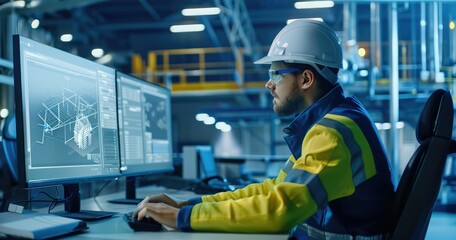 Engineer in hard hat debugging equipment in front of computer in factory, engineer in factory using computer