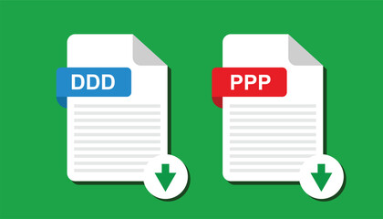 Download Document icons. File with label and down arrow sign. Downloading document file format. Flat design vector icon