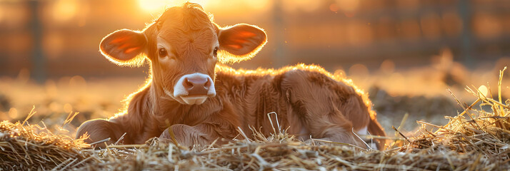 deer in the meadow,
 A calf lying on the straw farm with the gentle rays of the sun streaming in