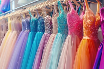 Neatly arranged colorful dresses, neatly arranged colorful wedding dresses, bridal shop advertising, dress rental, wedding dress rental