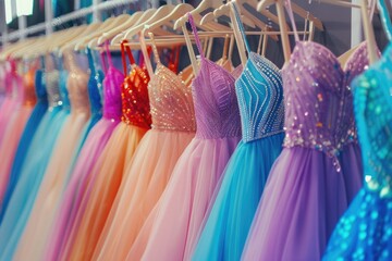 Neatly arranged colorful dresses, neatly arranged colorful wedding dresses, bridal shop advertising, dress rental, wedding dress rental