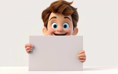 Character cartoon boy points to a blank sheet of paper. 3d rendering. Illustration for advertising